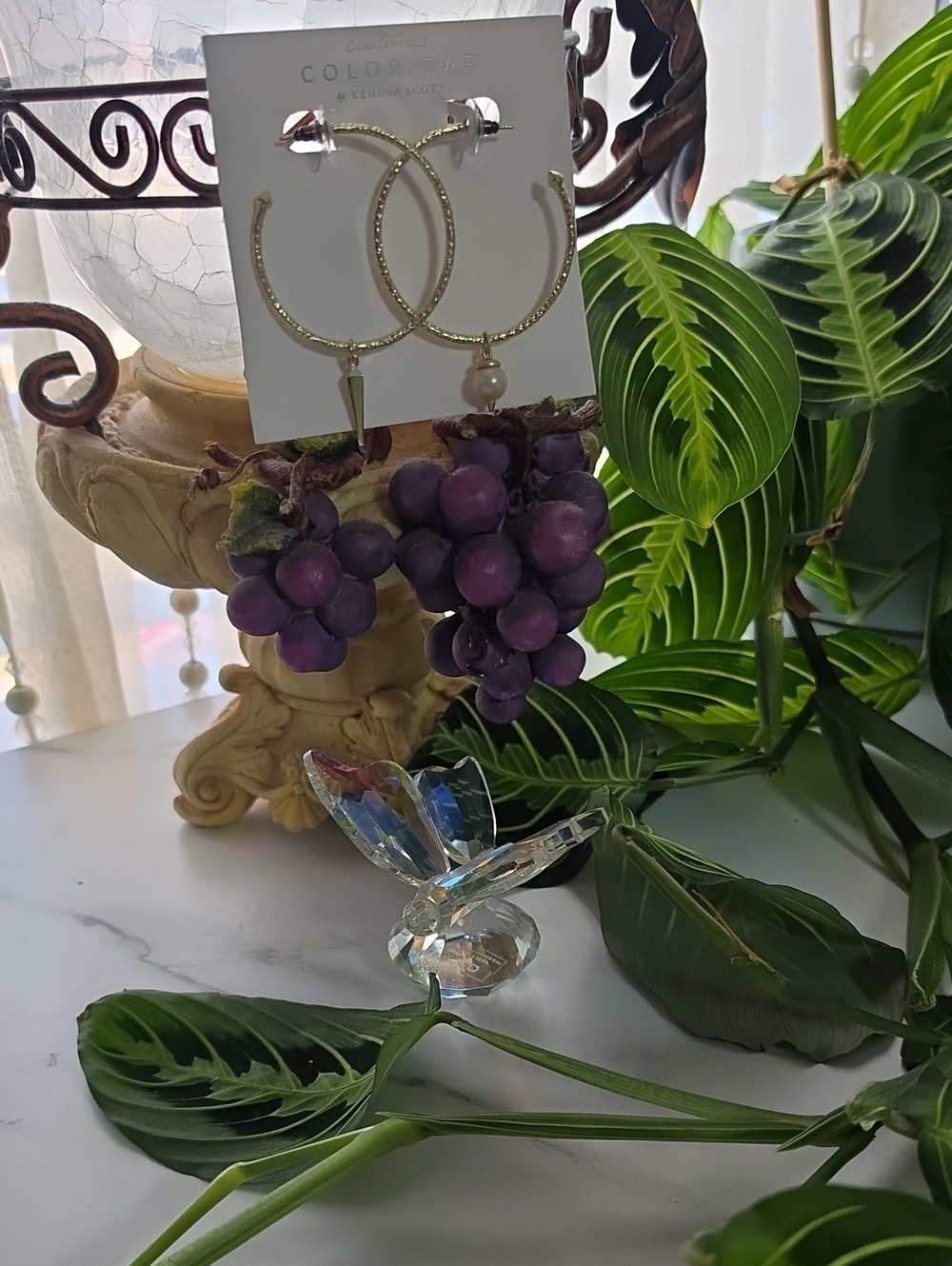 Color Statement Gold Hoop Earrings with Purple Grape Charm -